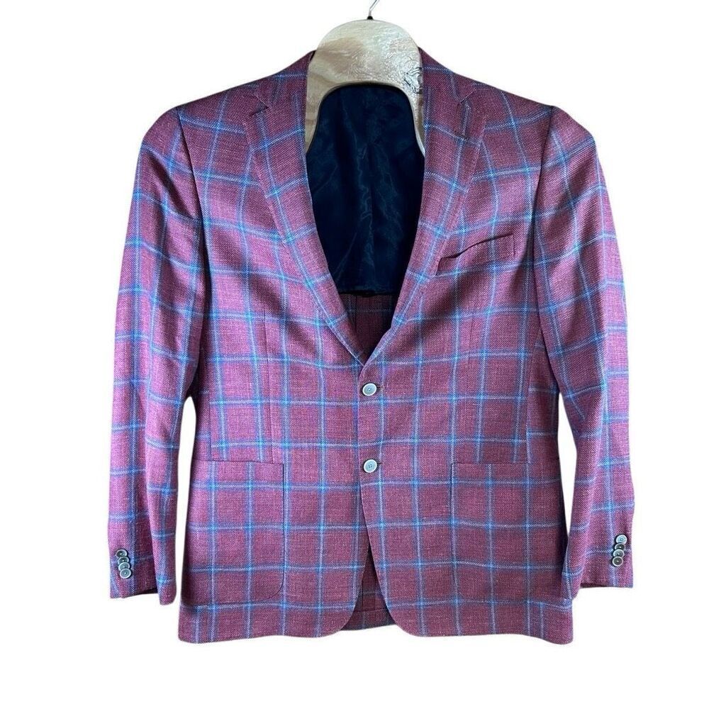 Hardwick Window Pane 42L Red Blue Blazer Jacket Hunter & Coggins USA